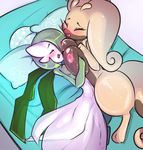  alternate_color bed big_breasts blush breast_squish breasts clothing dress eyes_closed female gardevoir goodra green_hair hair hug ivana nintendo open_mouth pillow pocketmew pok&eacute;mon scarf simple_background small_breasts smile video_games white_background white_skin 