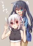  2girls ;d adyisu altair_floone alternate_hairstyle area_aquamarine black_hair blue_eyes blush breasts brown_background long_hair medium_breasts multiple_girls one_eye_closed open_mouth original red_eyes short_hair simple_background sleeveless smile turtleneck twintails twitter_username two_side_up white_hair 