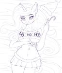  4_fingers anthro breasts candy candy_cane clothed clothing english_text equine evehly eyebrows eyelashes female food horn line_art mammal midriff navel smile solo standing text unicorn wide_hips 