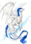  ambiguous_gender blue_hair claws dragon eyes_closed feral hair isvoc membranous_wings nude open_mouth solo teeth tongue traditional_media_(artwork) white_skin wings 