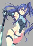  bare_shoulders blue_eyes blue_hair blush breasts closed_mouth covered_navel covered_nipples dutch_angle grey_background gummyrise hips holding jpeg_artifacts katana kazanari_tsubasa legs_together leotard long_hair looking_at_viewer one_side_up outstretched_arm purple_eyes senki_zesshou_symphogear shiny shiny_clothes simple_background skin_tight small_breasts solo standing sword thighhighs weapon 