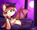  bat_pony dshou equine eyelashes fan_character female feral fluffy fur hat looking_at_viewer mammal membranous_wings my_little_pony navel night outside red_eyes smile solo tan_fur tan_hair wings 