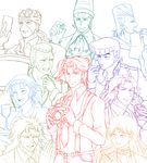  bad_id bad_pixiv_id bandana battle_tendency camera choker cup diamond diamond_wa_kudakenai drinking_glass earrings erina_pendleton f_chiyo facial_mark flower greyscale grin hair_flower hair_ornament headband higashikata_jousuke highres jean_pierre_polnareff jewelry jojo_no_kimyou_na_bouken kakyouin_noriaki kars_(jojo) lineart long_hair messy_hair mohammed_avdol monochrome necktie nijimura_okuyasu open_mouth paper phantom_blood pompadour ponytail robert_eo_speedwagon rose scar smile stardust_crusaders stud_earrings suspenders suzi_q sweatdrop tattoo terence_trent_d'arby tray whistle wine_glass 