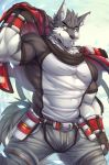  2017 anthro biceps black_nose blue_eyes canine clothed clothing digital_media_(artwork) fangs fingerless_gloves fur gloves hi_res holding_clothing inner_ear_fluff male mammal muscular muscular_male rabbity simple_background solo teeth wolf 