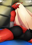  anthro avian blaziken blush butt clothed clothing crouching fighting_ring gym looking_at_viewer male nintendo pok&eacute;mon ragujuka red_body shorts solo spread_legs spreading sweat topless video_games 