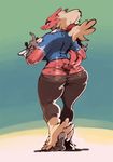  2016 anthro anthrofied avian barefoot big_butt bittenhard blaziken blush butt clothed clothing feathers female freckles hair long_hair nintendo pants pok&eacute;mon pok&eacute;morph red_feathers shirt solo thong tight_clothing video_games yellow_feathers 