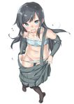  @_@ arm_warmers asashio_(kantai_collection) bangs bare_shoulders black_hair black_legwear black_skirt blue_bra blue_eyes blue_panties blush bra collarbone commentary dressing ebifurya embarrassed eyebrows eyebrows_visible_through_hair flat_chest flying_sweatdrops frilled_bra frills full_body groin highres kantai_collection knees_together_feet_apart long_hair looking_at_viewer navel no_shirt no_shoes open_mouth panties panty_pull pleated_skirt sidelocks simple_background skirt solo standing stomach suspender_skirt suspenders suspenders_slip sweat thighhighs underwear white_background 