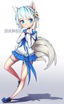  absurdres animal_ears bell blade_&amp;_soul blue_eyes blue_hair fandral_(vnfmvnfm) fox_ears hair_ornament hairband highres jingle_bell lyn_(blade_&amp;_soul) multiple_tails ribbon shirt shoes short_hair skirt smile solo tail thigh_strap 