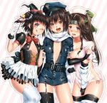  3girls ;q alternate_costume antenna_hair belt black_gloves black_hair black_legwear breasts brown_eyes brown_hair center_opening collarbone cuffs double_bun elbow_gloves fang fingerless_gloves flat_chest frilled_skirt frills garter_straps girl_sandwich gloves handcuffs hat headband highres holding holding_wand jintsuu_(kantai_collection) kantai_collection keita_(tundereyuina) large_breasts multiple_girls naka_(kantai_collection) nurse nurse_cap one_eye_closed open_clothes plunging_neckline police police_uniform policewoman remodel_(kantai_collection) sandwiched scarf sendai_(kantai_collection) short_hair single_thighhigh skirt small_breasts thighhighs tongue tongue_out two_side_up uniform wand white_legwear white_scarf witch_hat 