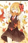  :d ^_^ autumn_leaves black_ribbon black_skirt black_vest blonde_hair blush bow closed_eyes commentary_request cowboy_shot facing_viewer fang foreshortening hair_bow hair_ribbon letterboxed long_sleeves necktie open_mouth red_bow red_neckwear ribbon rumia scarf short_hair skirt skirt_set smile solo touhou vest yuuhagi_(amaretto-no-natsu) 
