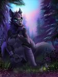  2016 animal_skull anthro breasts canine chain female forest grass handcuffs mammal nipples nude pussy shackles skull_mask solo sorafoxyteils tree wolf 