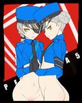  ass ban black_gloves bottomless braid caroline_(persona_5) eyepatch gloves grey_hair hair_bun hat highres justine_(persona_5) long_hair looking_at_viewer multiple_girls navel necktie persona persona_5 siblings twins yellow_eyes 