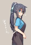  adyisu alternate_hairstyle apron area_aquamarine black_hair blue_eyes brown_background eighth_note eyebrows eyebrows_visible_through_hair from_side green_ribbon hair_ribbon long_hair musical_note original ponytail ribbon short_sleeves simple_background solo twitter_username 