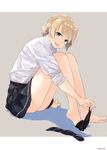  arm_support barefoot black_skirt blonde_hair blue_eyes braid collared_shirt darjeeling feet girls_und_panzer grey_background highres kerorira legs looking_at_viewer open_mouth pleated_skirt shadow shirt sitting skirt sleeves_rolled_up solo thighhighs_removed thighs wet wet_clothes white_shirt 