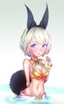  absurdres animal_ears arm_behind_back bikini_top blade_&amp;_soul blue_eyes bow bracelet breasts bunny_ears cleavage fandral_(vnfmvnfm) highres jewelry lyn_(blade_&amp;_soul) midriff navel ribbon ring short_hair silver_hair skirt solo tail upper_body 