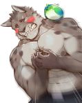  2018 5_fingers abs anthro avian belt biceps bird biting_lip black_nose blush bowing claws clothed clothing digital_media_(artwork) duo eyes_closed fangs feline fur inner_ear_fluff jacketbear looking_at_another male mammal multicolored_fur muscular muscular_male nipples on_shoulder pain pecs simple_background sweat sweatdrop teeth topless white_background 