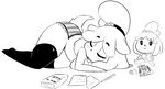  2016 animal_crossing anthro ass_up blush breast_squish breasts butt canine clothed clothing dog eyes_closed female fur hair hair_ornament hearlesssoul isabelle_(animal_crossing) legwear lying mammal nintendo open_mouth panties shih_tzu simple_background sleeping solo stockings topless underwear video_games 