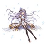  adapted_costume bangs bare_shoulders barefoot black_legwear blue_flower blue_rose blush closed_mouth crystal detached_sleeves eyebrows eyebrows_visible_through_hair flower full_body granblue_fantasy halterneck highres hood lavender_hair lily_(granblue_fantasy) long_hair looking_at_viewer pointy_ears rose simple_background smile solo thighhighs toeless_legwear tomo_(user_hes4085) white_background zettai_ryouiki 