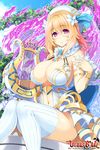  blonde_hair blue_feathers breasts cleavage copyright_name eyebrows eyebrows_visible_through_hair hair_between_eyes hat highres hisenkaede large_breasts looking_at_viewer navel purple_eyes short_hair sitting smile solo thighhighs venus_blade white_legwear 