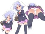  animal_ears ass black_legwear blazer blue_hair blurry bunny_ears depth_of_field hachi_(chihagura) jacket long_sleeves looking_at_viewer miniskirt panties pink_skirt red_eyes reisen short_hair skirt solo thighhighs touhou underwear upskirt white_panties zettai_ryouiki 