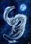  2010 ambiguous_gender claws dragon eastern_dragon feral grey_skin hair horn isvoc moon night nude open_mouth outside sky solo star starry_sky teeth tongue traditional_media_(artwork) white_hair 