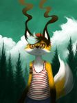  2015 anthro black_nose brown_fur brown_hair canine clothed clothing cloud digital_media_(artwork) digital_painting_(artwork) dipstick_tail eyewear fluffy fluffy_tail forest fox front_view fur glasses green_sky hair half-length_portrait hi_res klaufir looking_at_viewer male mammal multicolored_fur multicolored_hair multicolored_tail orange_eyes outside portrait shirt sky smoke solo standing tank_top tattoo tree two_tone_hair two_tone_tail white_fur white_hair white_tail yellow_fur yellow_tail 