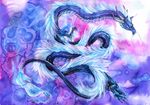  ambiguous_gender blue_hair blue_skin claws dragon eastern_dragon feral hair horn isvoc nude scalie solo traditional_media_(artwork) white_hair 