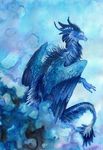  ambiguous_gender blue_feathers blue_fur cat claws dragon feathered_dragon feathered_wings feathers feline feral fur horn hybrid isvoc mammal nude ridged_horn solo traditional_media_(artwork) wings 
