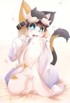  anthro blush bottomless cat clothed clothing crotch_tuft cub featureless_crotch feline kneeling legwear looking_at_viewer male mammal mostly_nude nekojita open_mouth open_shirt simple_background socks solo tuft young 