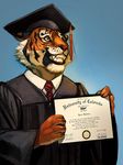  2016 academic_dress anthro black_fur black_lips black_stripes blue_background clothed clothing digital_media_(artwork) digital_painting_(artwork) diploma english_text feline fur half-length_portrait hat holding_object male mammal multicolored_fur necktie orange_fur portrait simple_background smile solo square_academic_cap striped_fur stripes student teeth text tiger trunorth white_fur yellow_eyes 