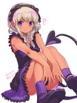  braid dark_skin dated demon_tail dress eyebrows eyebrows_visible_through_hair hairband highres knees_together_feet_apart konbu_wakame looking_at_viewer md5_mismatch original purple_dress purple_eyes purple_legwear shoes silver_hair simple_background sitting socks solo tail tan twitter_username white_background 