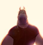  2016 anthro black_eyes clothed clothing cseed digital_media_(artwork) equine foreshortening fur hair horse looking_at_viewer looking_down low-angle_view male mammal shirt simple_background snout solo t-shirt white_background white_fur white_hair worm&#039;s-eye_view 