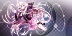  absurdres asymmetrical_legwear black_legwear blue_eyes checkered checkered_background choker collarbone hair_between_eyes highres ia_(vocaloid) long_hair looking_at_viewer open_mouth pink_skirt pleated_skirt ranyun silver_hair skirt solo thighhighs very_long_hair vocaloid 