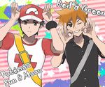  ;) arms_up baseball_cap brown_eyes brown_hair copyright_name grin hat highres kometubu0712 male_focus multiple_boys one_eye_closed ookido_green pokemon pokemon_(game) pokemon_sm red_(pokemon) shirt smile spiked_hair star striped striped_background t-shirt z-move z-ring 