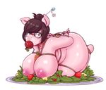  2016 alternate_species anthro apple areola bdsm big_breasts bondage bound breasts brown_eyes brown_hair carrot eyewear female food food_in_mouth fruit furrification glasses hair hairpin huge_breasts looking_at_viewer mammal meganemausu mei_(overwatch) nipples object_in_mouth overwatch pig porcine restrained rope short_hair simple_background solo sweat thick_thighs vegetable video_games white_background wide_eyed 