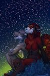  anthro black_nose breasts canine dog duo eyelashes featureless_breasts female fur hair lukiri mammal night nude open_mouth orange_eyes outside red_fur red_hair red_panda sky smile star starry_sky teeth 
