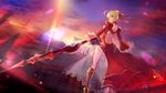  ahoge asanogawa_(tutufcc) back_cutout bare_back blonde_hair dress dutch_angle fate/extra fate_(series) from_behind green_eyes highres holding holding_sword holding_weapon looking_at_viewer looking_back nero_claudius_(fate) nero_claudius_(fate)_(all) outdoors see-through short_hair solo sword weapon 