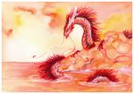  ambiguous_gender claws dragon eastern_dragon feral hair isvoc nude outside painting partially_submerged red_hair red_scales scales solo traditional_media_(artwork) water 