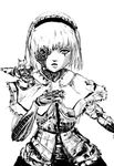  alice_margatroid bad_id bad_pixiv_id blood bloody_tears capelet commentary cowboy_shot damaged dress expressionless greyscale hairband hand_on_own_chest lance lips lolita_hairband looking_at_viewer mechanical_arm mechanical_eye monochrome ougibro_(spookybro) parts_exposed polearm robot robot_joints shanghai_doll short_hair simple_background sketch solo touhou weapon white_background 