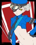  angry ban caroline_(persona_5) eyepatch flat_chest hat highres looking_at_viewer navel no_pants persona persona_5 short_hair solo white_hair yellow_eyes 