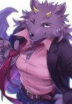  bathym belt canine chest_tuft clothed clothing demon formal_wear fully_clothed fur horn male mammal muscular muscular_male necktie one_eye_closed purple_fur solo suit tokyo_afterschool_summoners tuft video_games wink wolf yow 