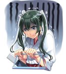  basket commentary_request green_eyes green_hair hiememiko japanese_clothes kantai_collection long_hair nervous shaded_face shopping_basket solo trembling twintails zuikaku_(kantai_collection) 