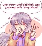  1girl blush bow bowtie brown_jacket commentary covering_mouth english feathered_wings flag hand_over_own_mouth highres holding kishin_sagume looking_at_viewer mini_flag one_eye_closed red_eyes silver_hair single_wing solo touhou upper_body wings yoruny 