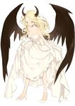  angel_wings bare_shoulders black_wings blonde_hair blue_eyes blush breasts cleavage closed_mouth demon_horns detached_collar dress elbow_gloves feathered_wings full_body gloves high_heels horns leaning_forward long_hair lpip medium_breasts no_socks original shoes signature simple_background skirt_hold smile solo standing strapless strapless_dress tsurime wavy_hair white white_background white_dress white_footwear white_gloves wings 