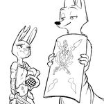  2016 anthro arctic_fox armor black_and_white canine carrot clothed clothing coat_of_arms crest_symbol disney duo eye_contact female food fox humor innuendo jack_savage knot lagomorph male mammal melee_weapon monochrome notched_ear pun rabbit replytoanons rope shield simple_background skye_(zootopia) smile sword vegetable visual_pun weapon white_background zootopia 