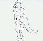  2016 anthro backsack balls blush butt digitigrade dragon full-length_portrait half-closed_eyes horn looking_at_viewer looking_back male monochrome nirvana3 nude perineum portrait rear_view scalie sketch slit_pupils smile solo spines standing teasing tongue tongue_out traditional_media_(artwork) 