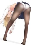  ass bent_over black_legwear blonde_hair blue_eyes blue_skirt blush crotch_seam from_behind gensokigou long_hair long_sleeves looking_at_viewer looking_back open_mouth original panties panties_under_pantyhose pantyhose pleated_skirt school_uniform shirt simple_background skirt solo sweater_vest underwear white_background white_panties white_shirt 