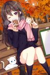  animal animal_on_shoulder autumn autumn_leaves bench black_cat black_legwear black_skirt brown_hair bug butterfly cat clipboard coffee_cup cup disposable_cup english enpera gejigejier hair_ornament hot_chocolate insect long_hair looking_at_viewer one_eye_closed original pink_scarf scarf sitting skirt uniform white_cat 