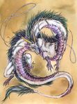  ambiguous_gender claws dragon eastern_dragon feral flying fur ghibli green_hair hair haku_(spirited_away) horn isvoc nude solo spirited_away traditional_media_(artwork) white_fur 