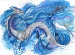  ambiguous_gender blue_hair blue_scales claws dragon eastern_dragon feral fur hair isvoc nude open_mouth scales solo teeth traditional_media_(artwork) watercolor_(artwork) white_fur 